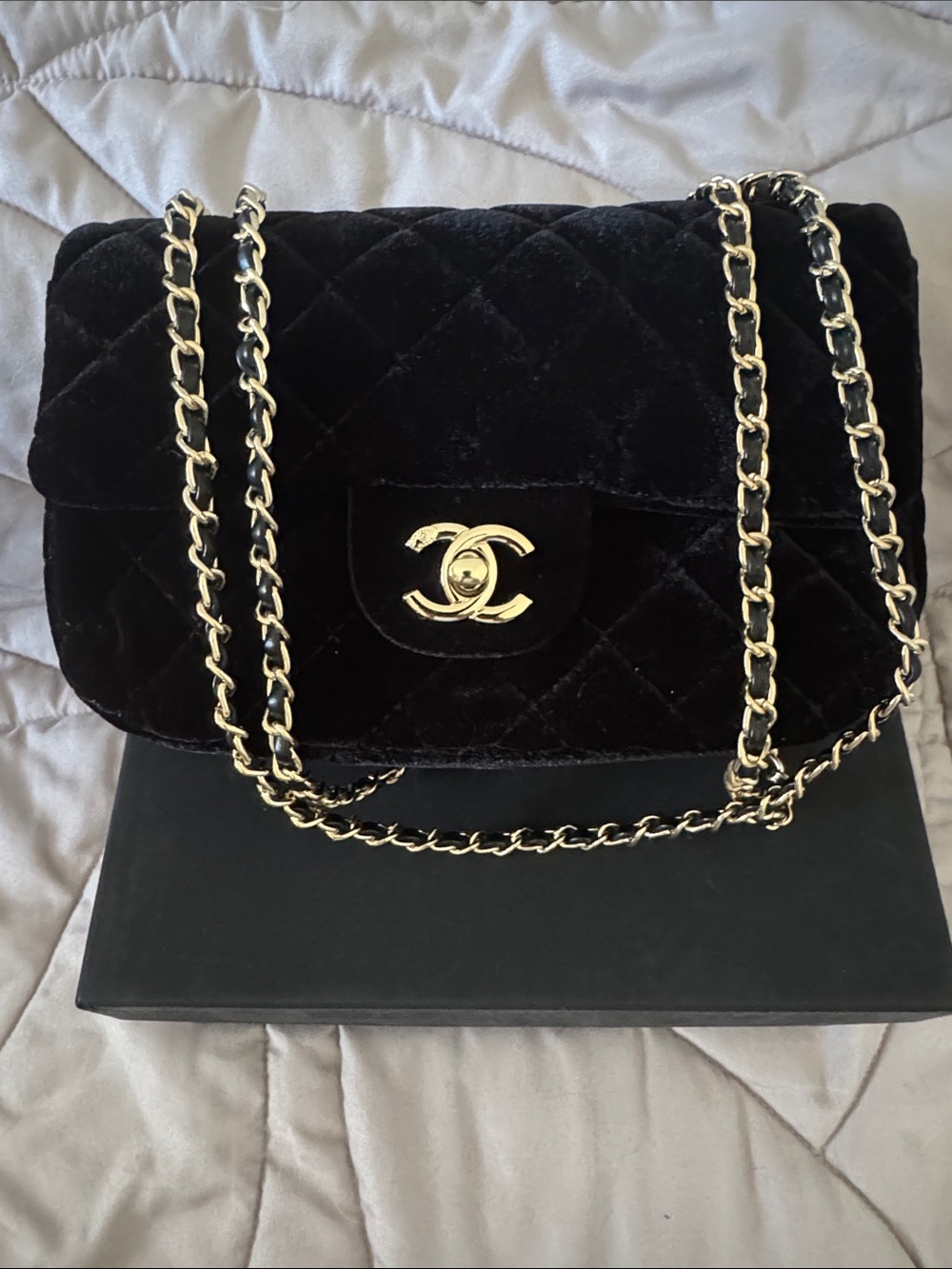 CHANEL Black Quilted Velvet Shoulder Bag with Gold Chain & CC Lock